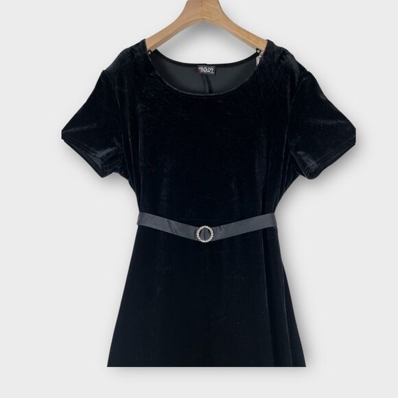90s Black Short Sleeve Maxi Belted Velvet Dress Evening Gothic Size 12 - Picture 4 of 9
